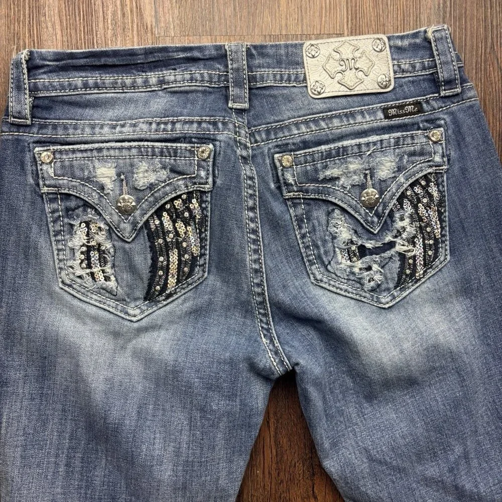 Miss Me Mid-Rise Skinny Jeans Sequin Angel Wings Distressed Light Wash Size 31 - Picture 4 of 11